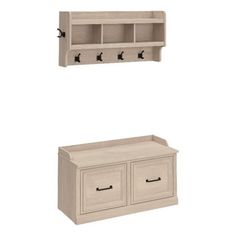 two white cabinets and a shelf with hooks on the top one is open, the other has drawers