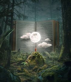 an open book sitting on top of a lush green forest next to a giant moon