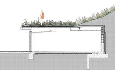 an architectural drawing of a building with plants growing on the roof and in the ground