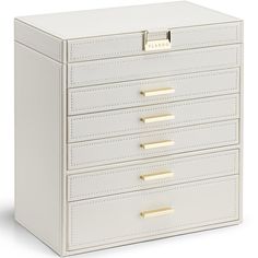 a white filing cabinet with five drawers and gold handles on the front, side view