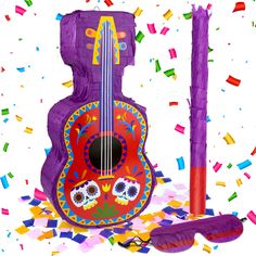 an image of a colorful guitar with confetti