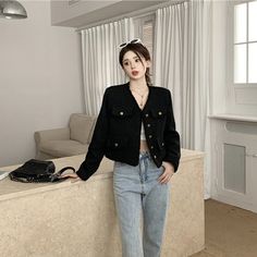 black tassel women crop coat korean elegant warm female casual jackets autumn new loose button long Crop Coat, Female Coat, Coat Korean, Cropped Coat, Button Long Sleeve, Casual Jackets, Casual Jacket, Women Crop, Coats For Women