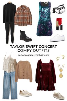 some clothes and shoes are arranged in the shape of a collage with text that reads taylor swift concert comfy outfits