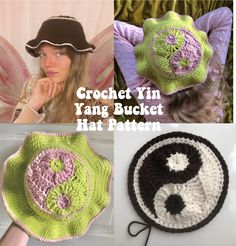 crochet hat pattern with flower and yin symbol