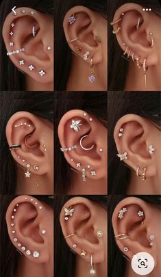 many different types of ear piercings are shown in this set, including an ear ring and