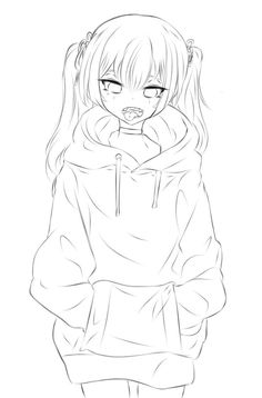 a drawing of a girl with long hair wearing a hoodie and holding her hands in her pockets