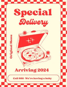 the flyer for special delivery is shown in red and white checkered paper with an image of a pizza box