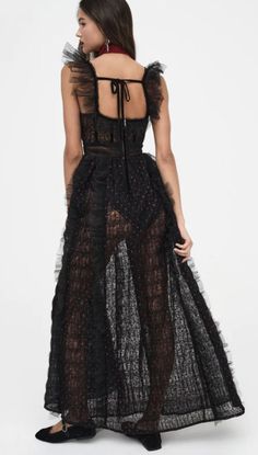 Janelle Maxi Dress by For Love and Lemons | FESTIVAL Dress We are loving the newest interpretation of A Holiday Gown by For Love and Lemons. The Janelle Maxi Dress was created as a new romantic dress inspired by late nights filled with Champagne and Roses. Shirred dot lace fabric Ruffled trim Square neckline Double ruffled cap sleeves Boning at the bodice Ruched tulle waistband Long tulle ruffle detailed skirt Velvet tie at neck Exposed zipper Built-in panty Partially lined bodice For Love And Lemons Festival, Holiday Maxi Dress, Velvet Tie, Maxi Dress Black, Romantic Dress, Womens Black Dress, Love And Lemons, Festival Dress, Women Long Dresses