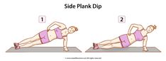 a woman doing plank dips on a mat with the words side plank dip above her