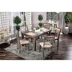 Taylah CM3607T-7PK Weathered Gray/Beige Transitional 7 PC. Dining Table Set By Furniture Of America - sofafair.com Dinning Set, Solid Wood Dining Set, White Upholstery, 7 Piece Dining Set, Grey Dining, Dining Room Set, Dining Table Set, Furniture Of America, Table And Chair Sets