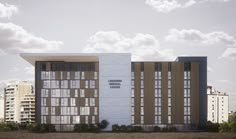 an architectural rendering of a building in the middle of a field with tall buildings behind it