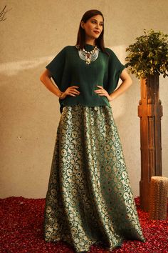 Shop for these amazing collections of Green Pleated Silk Woven Floral Round Nora Top And Ghaghra Set For Women by Tasuvure Indes online at Aza Fashions. Brocade Long Blouse Designs, Aza Fashion Outfits 2024 Indo Western, Banarasi Skirt And Top, Aza Fashion Outfits 2024 Suits, Brocade Dress Indian, Brocade Skirt And Top, Top Lehenga Designs, Brocade Outfits, Indo Western Outfit Ideas