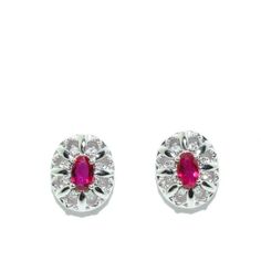 10KT White Gold Ruby and Diamond Earrings. Rubies: Oval 5MM x 3MM. Diamonds: 0.08CTW. Ruby And Diamond Earrings, Ruby Earrings, Ruby