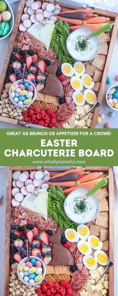 an assortment of different types of food on a wooden tray with the words great as brunch or appetizer for a crowd