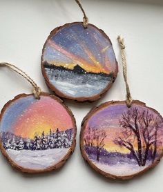 NEW DESIGNS ADDED Hand Painted Wood Slice Ornaments. Christmas Ornaments, Winter Landscape, Winter Scene, Handmade Gift, Stocking Stuffer. - Etsy Christmas Fair Crafts To Sell, Painted Christmas Wood Slices, Diy Painted Ornaments Wood, Painted Wood Rounds Christmas Ornament, Painting Ornaments Ideas, Christmas Wood Slices, Wood Painting Ideas, Christmas Ornaments Wood Slice