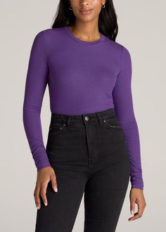 American-Tall-Women-Long-Sleeved-Ribbed-Crew-Neck-Tee-Aster-Purple-front Solid Long Sleeve Tops For Fall, Purple Long Sleeve Winter Top, Purple Long Sleeve Top For Winter, Purple Long Sleeve Tops For Winter, Purple Tops For Fall Layering, Long Sleeve Solid Color Tops For Layering, Solid Color Long Sleeve Tops For Layering, Long Sleeve Tops For Layering, Purple Long Sleeve Trendy Tops