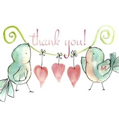 two birds holding hearts with the words thank you