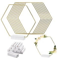 the gold and white accessories are ready to be used in this wedding decor set up