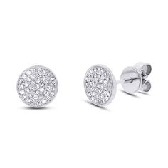 14k white gold with .07ctw pave set diamonds. Round Diamond Earrings, White Gold Diamond Earrings, Pave Diamond Earrings, White Gold Earrings Studs, White Gold Studs, Circle Earrings Studs, Circle Diamond, Disc Earrings, Gold Diamond Earrings