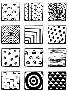 black and white hand drawn geometric patterns on a white background, each with an individual's own design