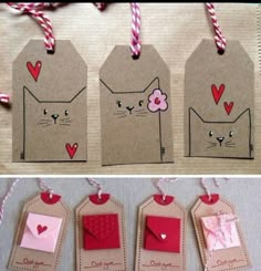 three tags with cats and hearts on them are hanging from twine strings, next to each other