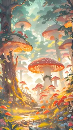 a painting of mushrooms in the forest