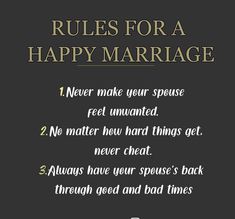 rules for a happy marriage on a black background with gold lettering and an image of a man