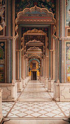 an intricately decorated hallway in the middle of a building