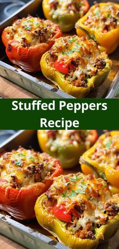 stuffed peppers in a baking pan with cheese and seasoning on top, ready to be eaten