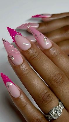 Almond Stiletto Nails Design, Stilleto Nail Idea, Pink Nail Inspo Almond, Pink Stiletto Nails Designs, Pink Pearl Nails, Stiletto Acrylic Nails, Pink Stiletto Nails, Stilleto Nails Designs, Acrylic Toe Nails