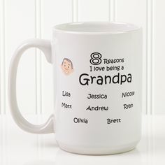 a white coffee mug with the words grandpa written on it and an image of a man's face