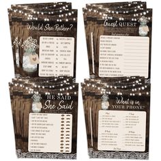 three wedding game cards with mason jars and lights on them, which are also for guests to choose from