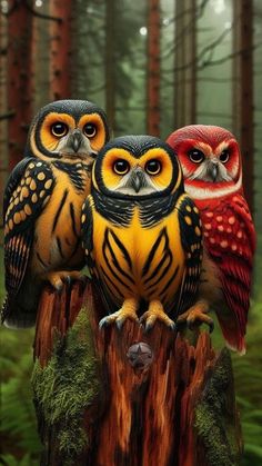 three owls sitting on top of a tree stump