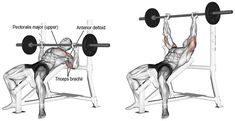 a man doing a bench press with the barbells in front of him and behind him