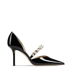 Black Patent Leather Pointed Pumps with Pearl Embellishment | AURELIE 85 | High Summer 2021 | JIMMY CHOO Jimmy Choo Aurelie, Wedding High Heels, Pointed Pumps, Designer Pumps, Pearl Leather, Patent Leather Pumps, Moda Vintage, Footwear Design Women, Jimmy Choo Shoes