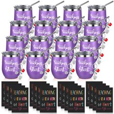 twelve purple tumblers with teacher's heart on them and the words teaching is sweet