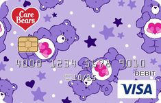 the care bears visa card is purple with hearts and teddy bears on it's back