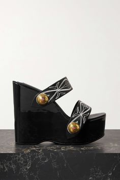 Black Embellished embroidered leather wedge sandals | PUCCI | NET-A-PORTER Fish Motif, Wooden Wedges, Embroidered Leather, Black Wedge, Black Wedge Sandals, Leather Wedge Sandals, Leather Wedges, Emilio Pucci, Gold Studs