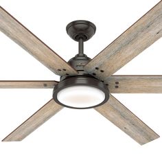 a ceiling fan with wooden blades and a light on the top one is turned off