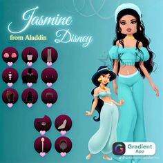 an image of disney princesses from the movie, jasmine and her dress up outfits