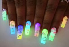 Liquid Filled Nails, Dreamville Festival Nails, Glow Party Nails, Light Up Nails, Black Light Nail Designs, Glow In The Dark Christmas Nails, Glow Nails Design, Blacklight Nails, Lesbian Acrylic Nails