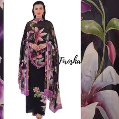 AMAYA: Beauty of Hand Painted refreshing florals delicacy and tranquility. Hand Painted Black Silk Crepe Suit with Pink,Violet and Mauve florals. A Collection of Hand Painted Pure Silk Crepe Suits with Pure Georgette Dupatta in the shades of eclectic florals, embodied in a dash of bright palette. The gorgeous Hand Painted Designs and the stunning dupattas are absolutely eye-catching! FIROSHA By FIROZ Follow us @firosha.handpaint DM for queries on WhatsApp +91-7011776734 . . . #handpainte Mauve Florals, Bright Palette, Hand Painted Designs, Georgette Dupatta, Painted Designs, Silk Crepe, Fabric Painting