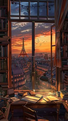 a painting of the eiffel tower seen from an office window at sunset in paris