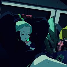 an animated image of a woman sleeping on a bus