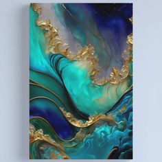 an abstract painting with blue, gold and white waves in the ocean canvas wall art print