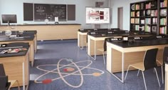 a classroom with desks and bookshelves full of books on the wall, along with a chalkboard