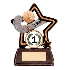 an award trophy with a golf ball and star on the top, in front of a white background