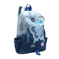 This blue Y2K backpack features a blue denim gradient with butterfly and star patches Size: 45*14*34 cm / 17.7*5.5*13.4 inMaterial: Denim Blue Denim Backpack For Back To School, Blue Bags For Back To School Streetwear, Blue Back To School Bags, Blue Streetwear Standard Backpack, Blue Backpack For Streetwear, Blue Backpack For Back To School Streetwear, Y2k Black Aesthetic, Y2k Baddie Outfits, Y2k Baddie Aesthetic