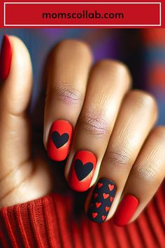 Whether you prefer the classic charm of traditional romance or the bold statement of modern love, there’s a design here for you. Simple Red And Black Nails, Red And Black Nails, Multicolored Nails, Nail Coat, Heart Nail Designs, Heart Sprinkles, Heart Nail, Heart Nail Art, Classic Romance