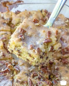 a close up of a plate of food with pecans on it and a fork in it